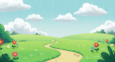 Cartoon landscape of green hills with a winding path under a rainy sky with fluffy clouds, a charming illustration for children's books