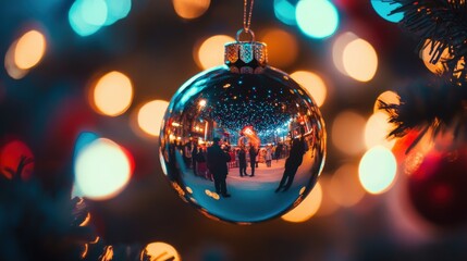 Fototapeta premium Reflected Christmas market scene in a shimmering orb ornament.