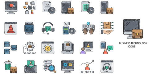 Business Technology simple concept 24 hand drawn color icons set. Contains such business, bank, social media market, justice, internet technology .Vector illustration.