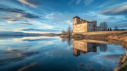 Obraz premium Segovia's Maderuelo reservoir holds an old village.