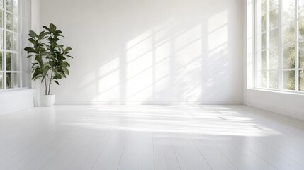 Fototapeta premium Empty white room features a green potted plant in the corner with bright natural sunlight casting window shadows on the floor.