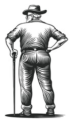Obraz premium Vintage Hand-Drawn Engraving of Elderly Man with Walking Cane