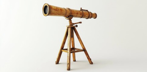 The wooden tripod supports a vintage telescope that exemplifies outstanding craftsmanship and classic design elements from a bygone era