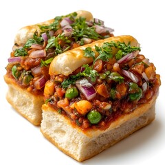 Two delicious and savory vegetable filled pav sandwiches are perfectly presented on a white background ready to eat.