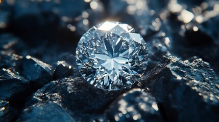 Fototapeta premium Sparkling Diamond Amidst Dark Rocks A CloseUp of Brilliance and Contrast