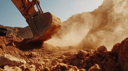 Excavator Digging in Dusty Terrain