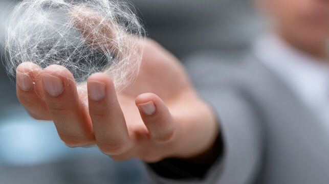 A hand holds a translucent sphere, network-like design
