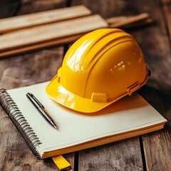 Construction: notepad, pen, hard hat, wooden board.