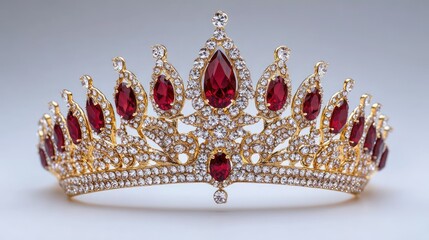 A regal tiara with  red gems and diamonds