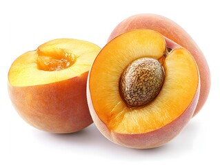 Fototapeta premium Two ripe juicy peaches are halved showcasing their sweet yellow flesh and brown pit on white background.
