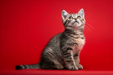 Obraz premium Curious Kitten on Red: A charming tabby kitten, eyes wide with curiosity, sits against a vibrant red background, gazing upwards with an air of playful inquisitiveness.