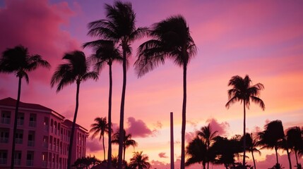 Obraz premium Aruba sunset: palms and buildings in winter.