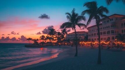 Aruba winter sunset: palm tree buildings.