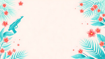 Joyful Songkran Illustration Tropical Flowers & Water Gun