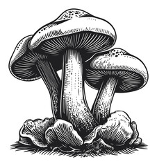Detailed Hand-Drawn Engraving of Three Mushrooms in Black and White
