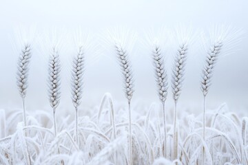 Fototapeta premium Delicate frost covers a golden wheat field, set against the backdrop of a foggy morning sky at dawn