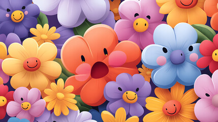 Cheerful cartoon flowers with expressive faces in vibrant colors, creating playful and lively atmosphere