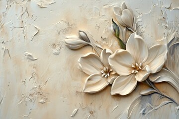Ornate floral relief sculpture on textured background.