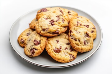 Sweet and salty cookies on plate, white background. AI generated illustration.