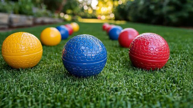 Colorful lawn bowls arranged in a straight line on a grassy lawn