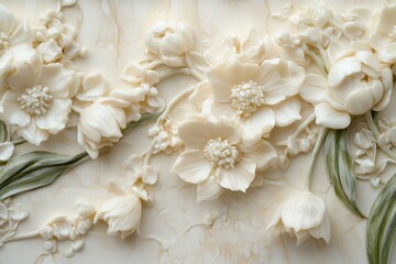 Ornate floral bas-relief carving in cream tones.