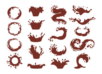 Cartoon coffee splash silhouettes. Liquid coffee or tea drops, flows and waves, brown liquid hot drink splashes flat vector illustration set. Coffee splash silhouettes