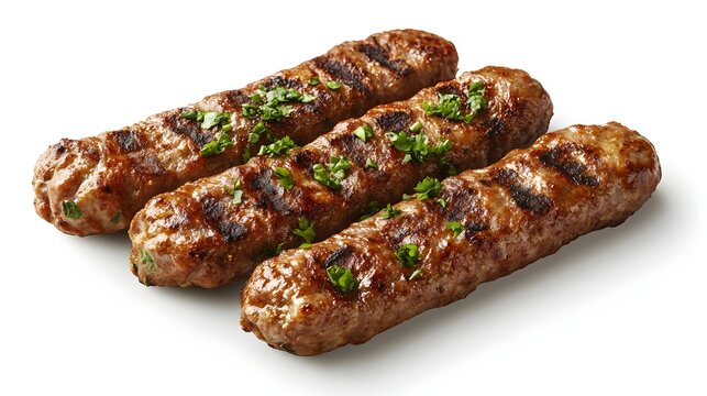 Three delicious grilled cevapcici sausages are perfectly cooked and garnished with fresh parsley on a white background.