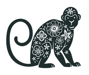 Horoscope monkey symbol. Chinese lunar New Year oriental animal silhouette, zodiac astrological calendar monkey sign flat vector illustration. Traditional horoscope icon