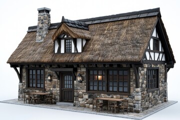 Fototapeta premium A cozy countryside escape is found in this charming rustic cottage with its thatched roof and wooden accents