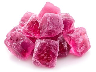 Obraz premium A close-up shot reveals a delightful pile of vibrant pink translucent sugar candy cubes on a pristine white background.