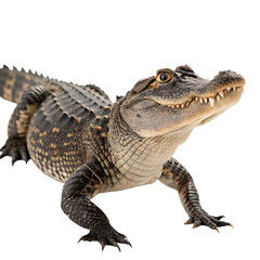 Fototapeta premium A smiling alligator with sharp teeth on a Transparent Background, highlighting its texture, scale details, and menacing look, suitable for nature or animal content