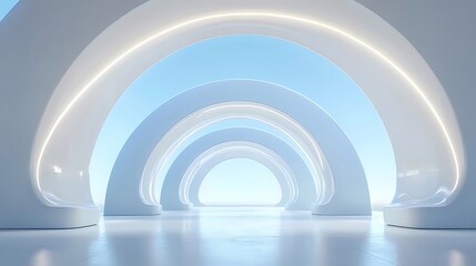 白く輝くアーチ型通路が青い空に向かって伸びる未来的なデザインの空間
