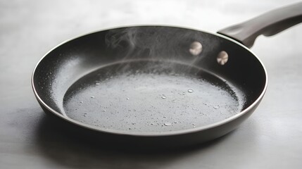 A hot skillet with oil is steaming gently on a light gray countertop ready for cooking.