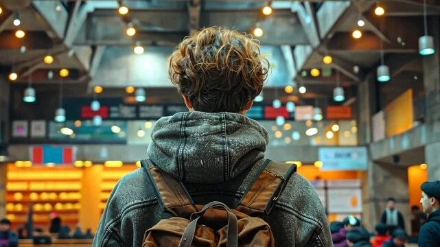 Young traveler explores a vibrant urban cafe filled with people in a modern architectural setting in late afternoon