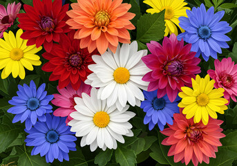 Fototapeta premium Vibrant Colorful Dahlias and Daisies Beautiful Floral Arrangement, Bloom, Spring, Nature Background.