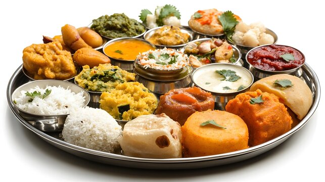 A vibrant and delicious Thali platter showcases an array of traditional Indian vegetarian dishes served on a large silver tray.