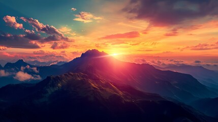 Majestic mountain range sunset dramatic colorful sky landscape view dawn scene peaks light image