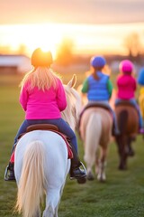 Obraz premium Group horseback riding at sunset with colorful attire