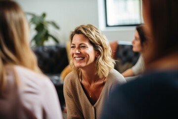 Middle aged female therapist conducting a group session counseling smiling