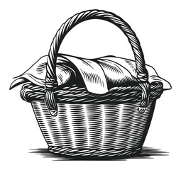 Hand-Drawn Engraving of a Classic Woven Basket with Blanket
