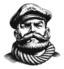 Detailed Hand-Drawn Engraving of a Strong Bearded Captain