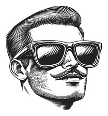 Vintage Hand-Drawn Illustration of a Man with Sunglasses and Mustache