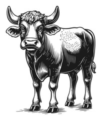 Detailed Hand-Drawn Engraving Illustration of a Cow with Horns