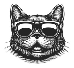 Hand-Drawn Engraving Illustration of a Cat Wearing Sunglasses