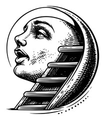 Vintage Engraving of a Woman's Profile with Stairs Design