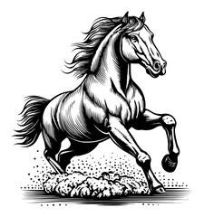 Hand-Drawn Engraving of a Galloping Horse in Dynamic Motion