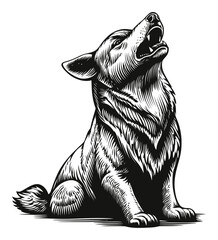Detailed Hand-Drawn Engraving Illustration of a Howling Dog
