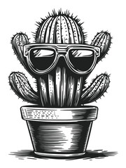 Hand Drawn Engraving of Cactus in Pot with Sunglasses Illustration