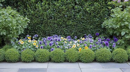 Spring flowers bloom: Pansies edge green shrubs in a formal garden.