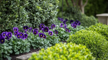 Obraz premium Pansies and small flowers line shrubs in a spring garden.